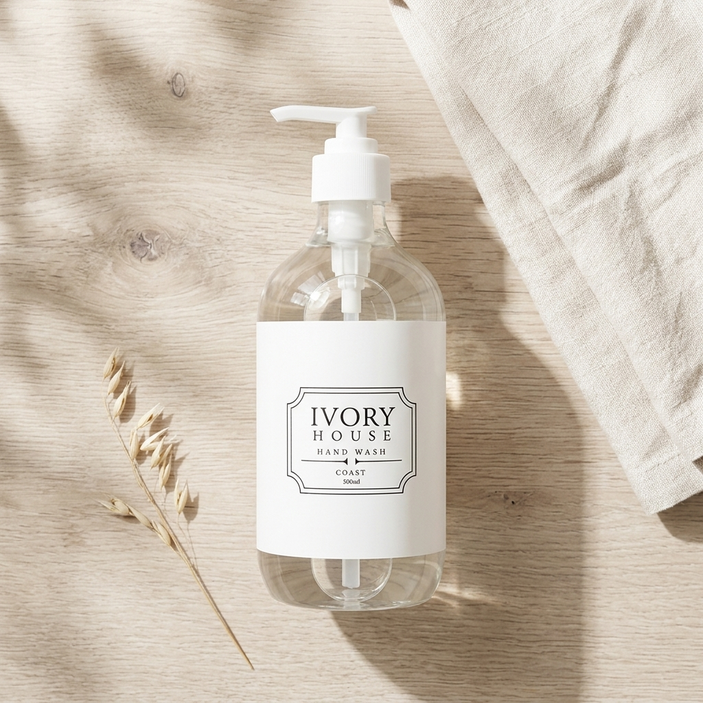 A clear pump bottle of Ivory House Hand Wash with a white label, styled on a light wood surface next to a beige cloth and dried grass stems.