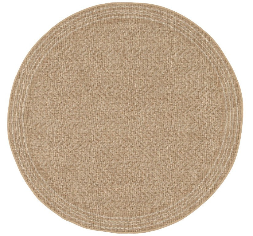 A round area rug with a textured herringbone pattern in shades of beige and light brown, shown from a top-down view on a white background.