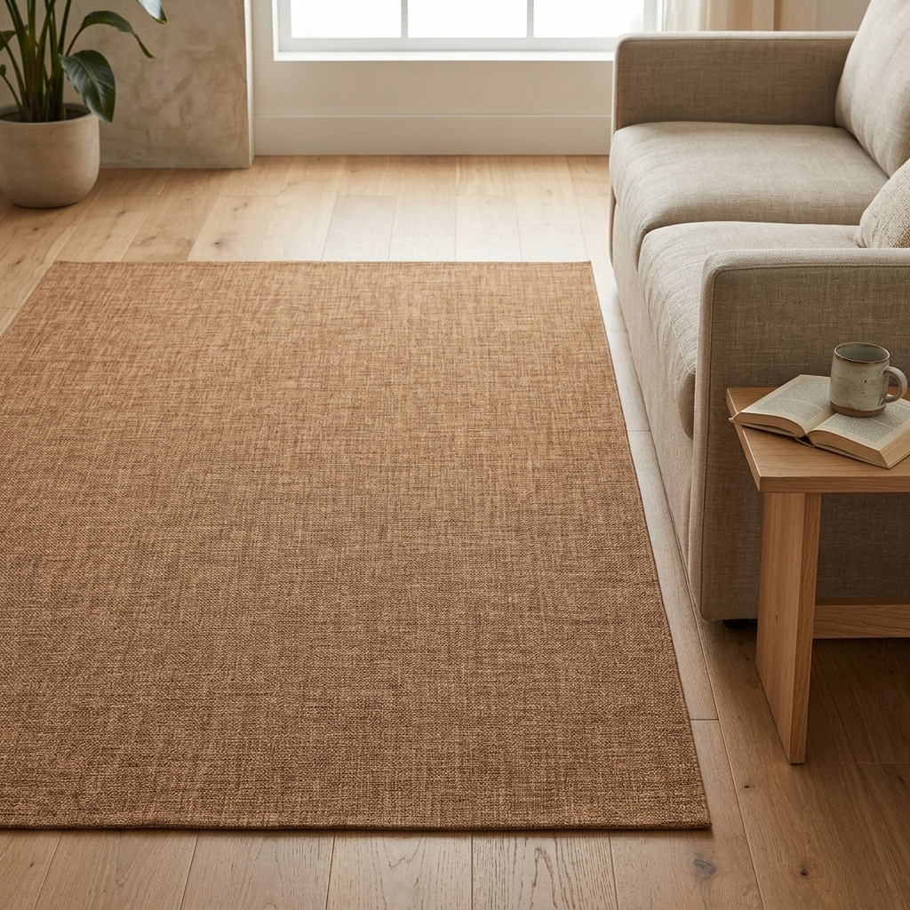 A rectangular natural jute area rug in a warm tan-brown color, shown in a bright, modern living room setting next to a light beige sofa and a small wooden side table.