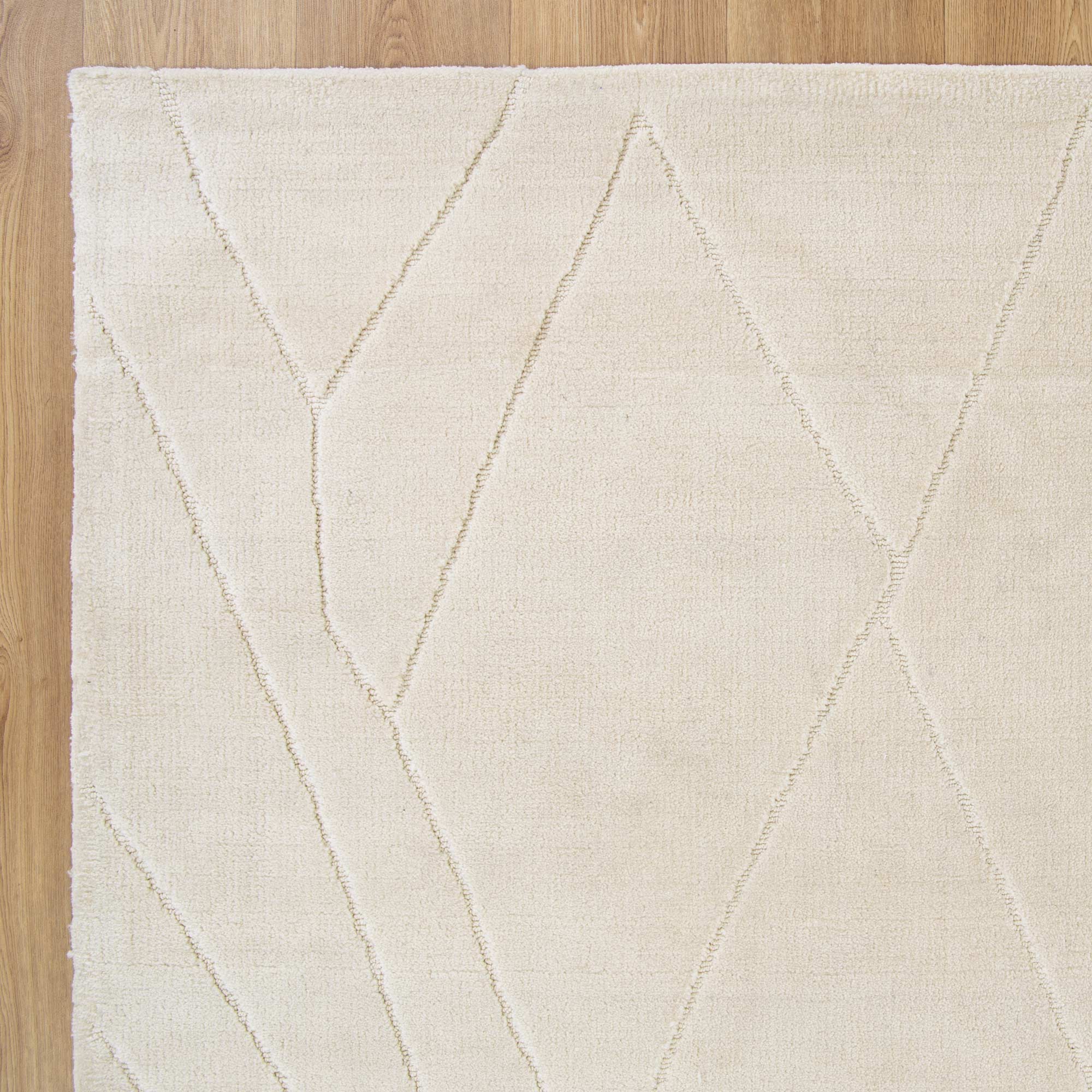 Detailed close-up of the Kendra Rug's rich, textured polyester fiber, showcasing its sumptuous and plush quality.