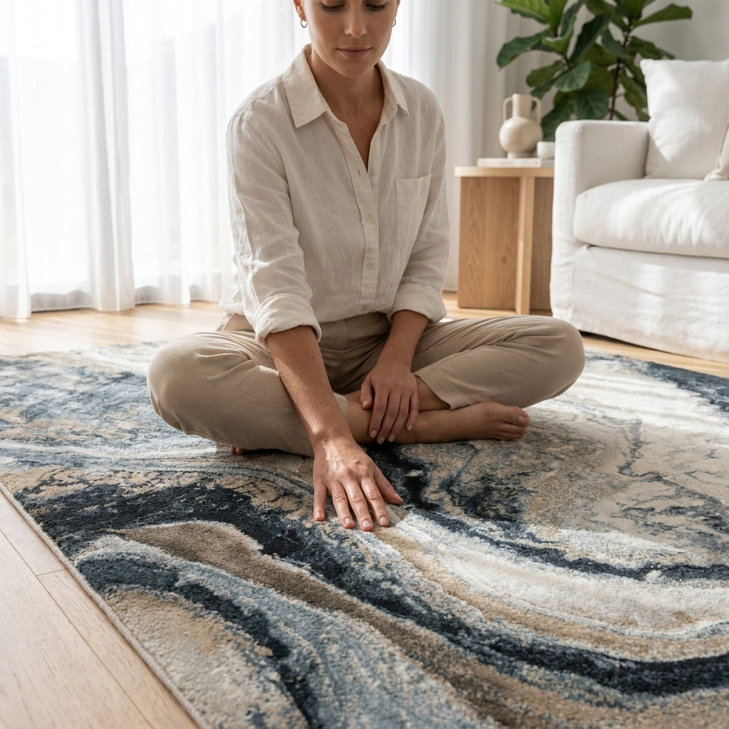 Woman sitting on a patterned rug in a living room