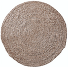 A round braided jute rug with a textured plain weave design in a natural brown color.