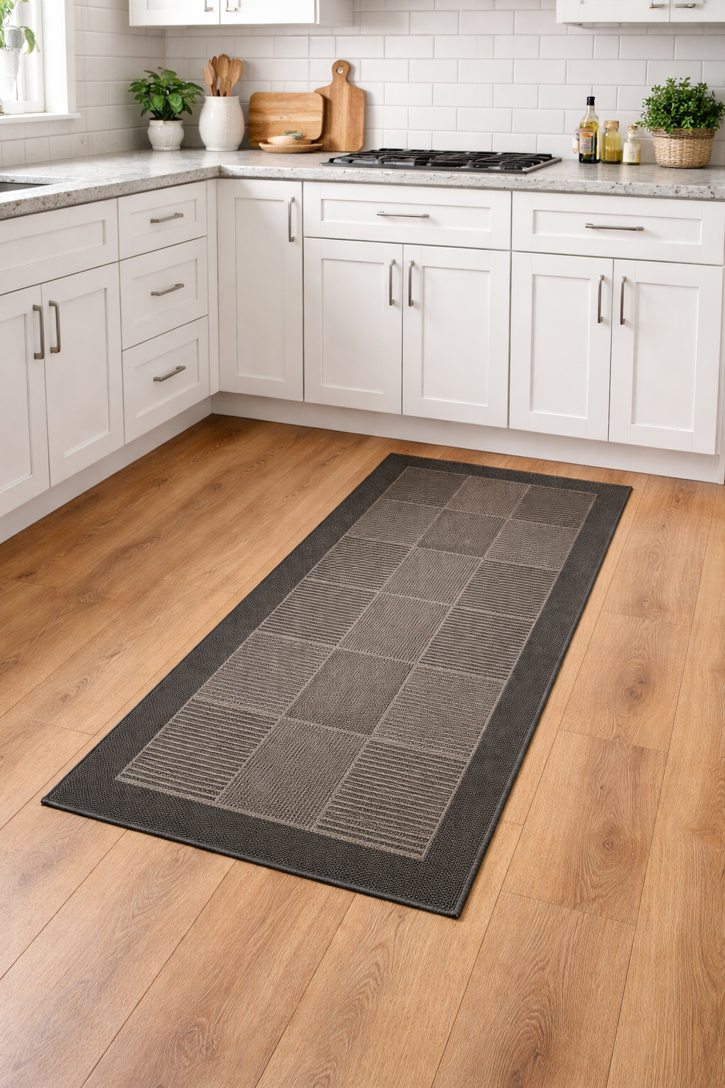 Gray checkered kitchen mat on a wooden floor with white cabinets and appliances in the background.