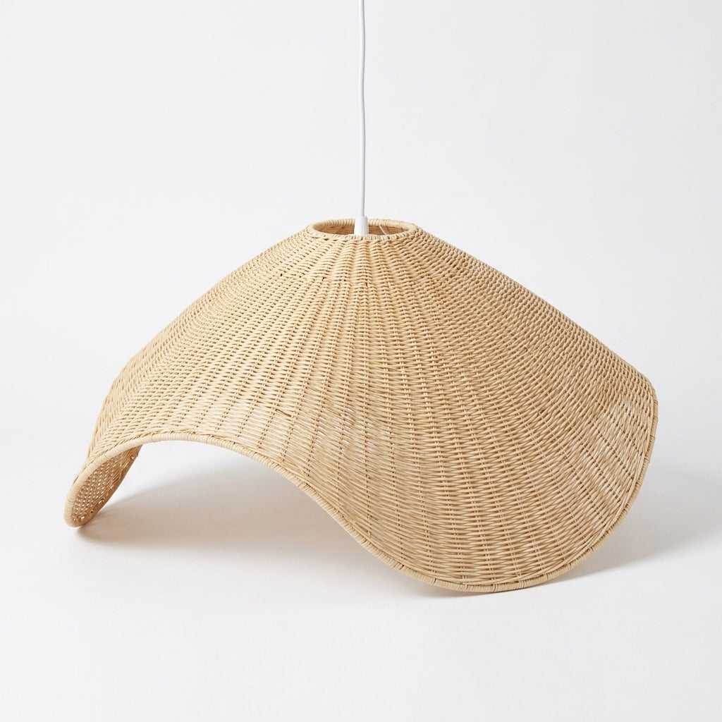 A natural woven rattan pendant lamp shade with a curved, open-top design, suspended by a thin white cord against a clean white background.
