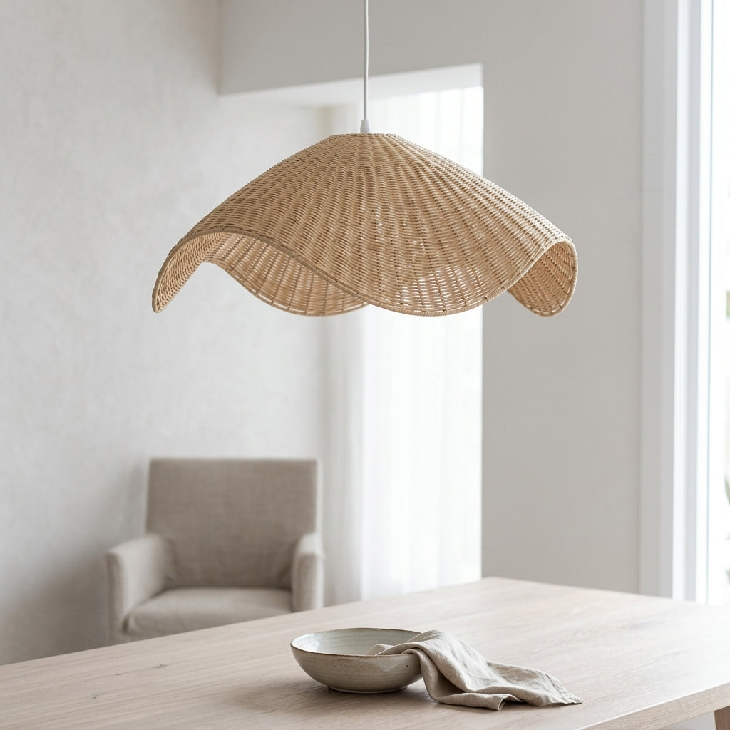 A natural woven rattan pendant light with a wavy, scalloped shade hangs over a light wood dining table in a bright, modern room with a neutral armchair in the background.