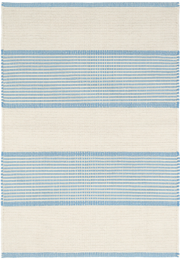 Striped blue and beige rug with horizontal lines