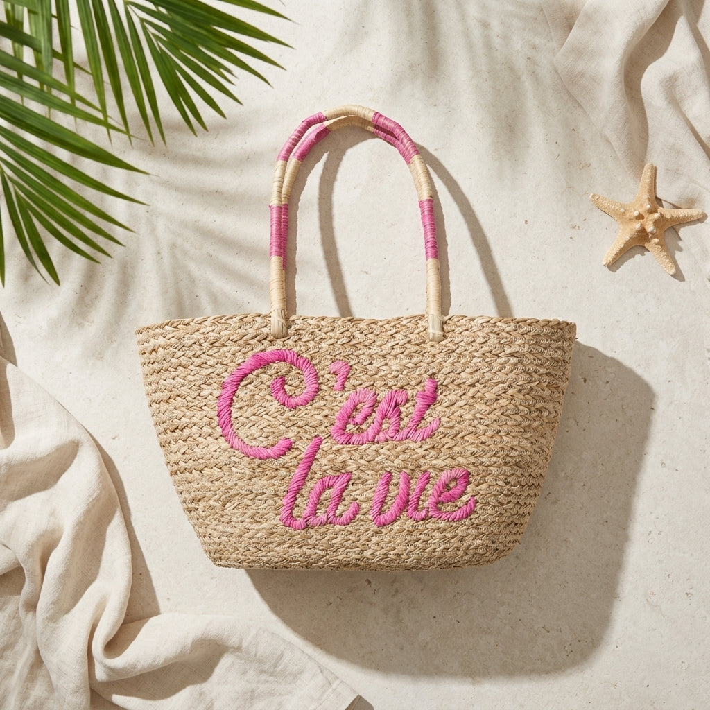 A woven straw tote bag with pink embroidered text reading 'C'est la vie' and pink-and-cream handles, styled on a light fabric surface with palm leaves and a starfish.