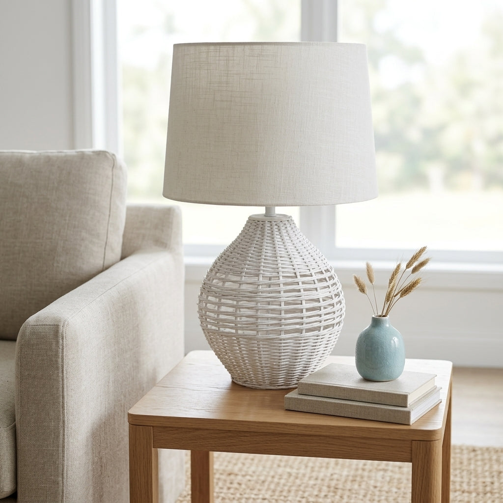 A white woven table lamp with a drum shade sits on a wooden side table next to a beige armchair, with a small blue vase and books on top.