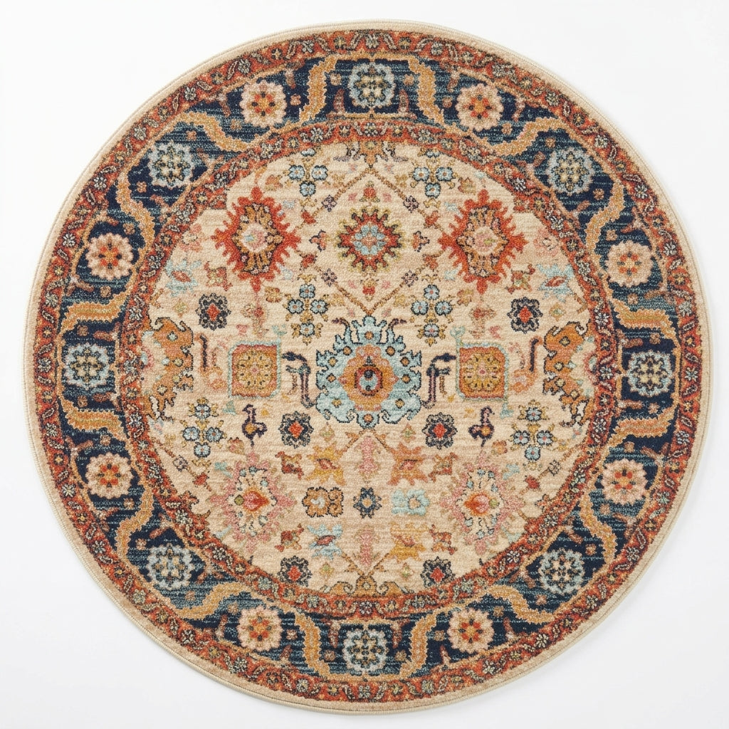 A round traditional area rug with an intricate floral and geometric pattern in beige, navy blue, rust red, and light blue, shown flat against a white background.