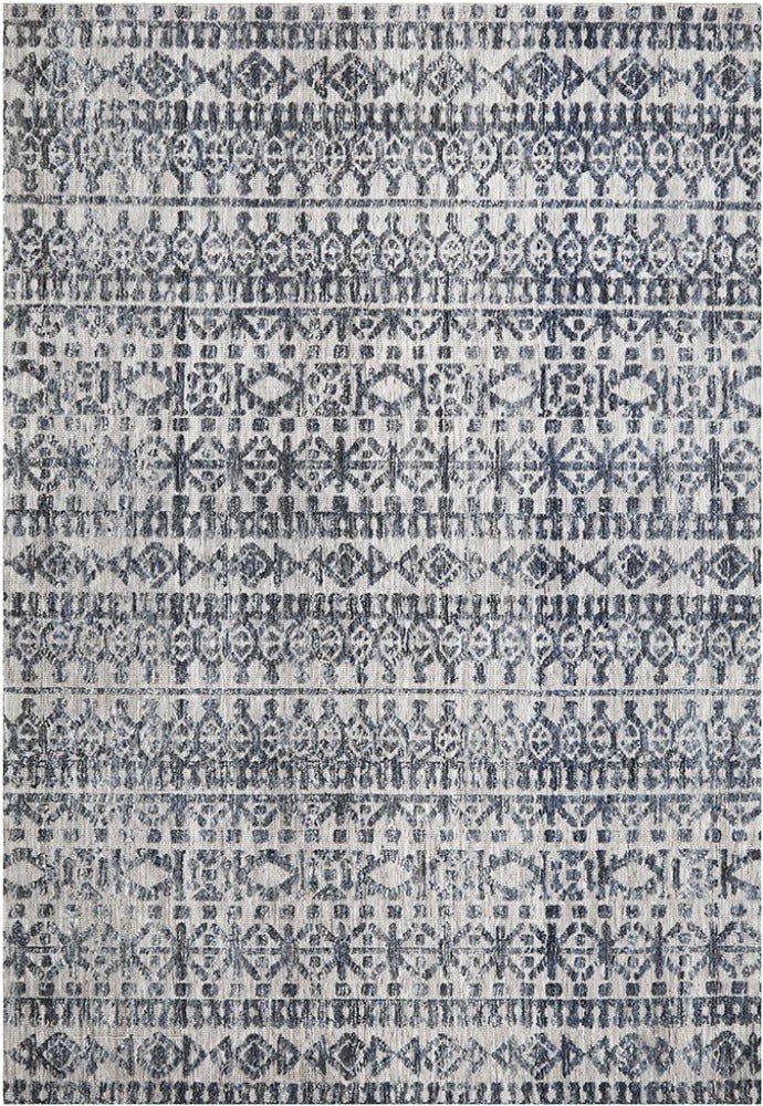 Image showcasing the full design of the Levi Collection Geometric Rug, with its unique arrangement of blue and grey geometric and nomadic patterns.