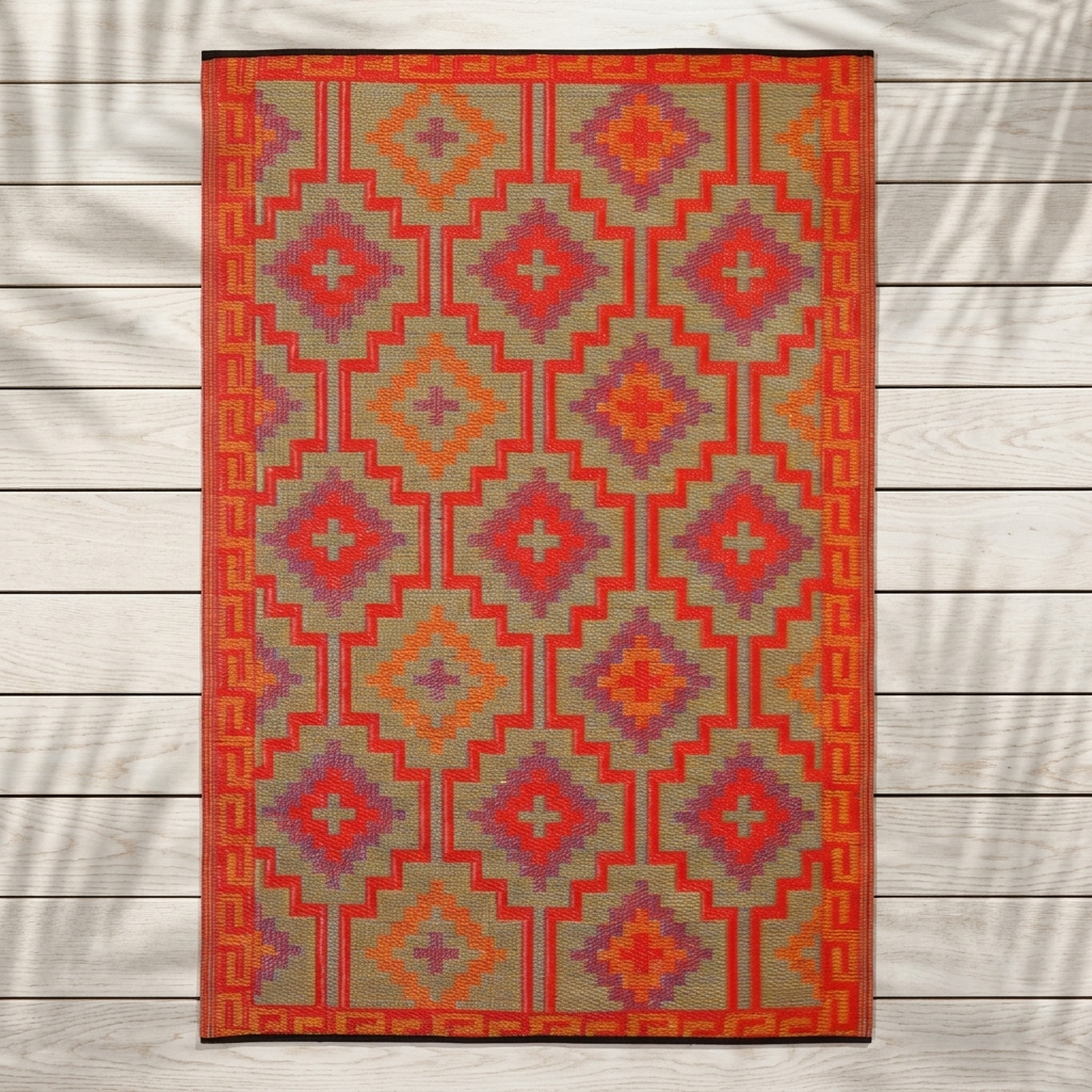 A rectangular woven rug with a Southwestern geometric pattern in red, orange, purple, and beige, laid flat on a light gray wood plank background.