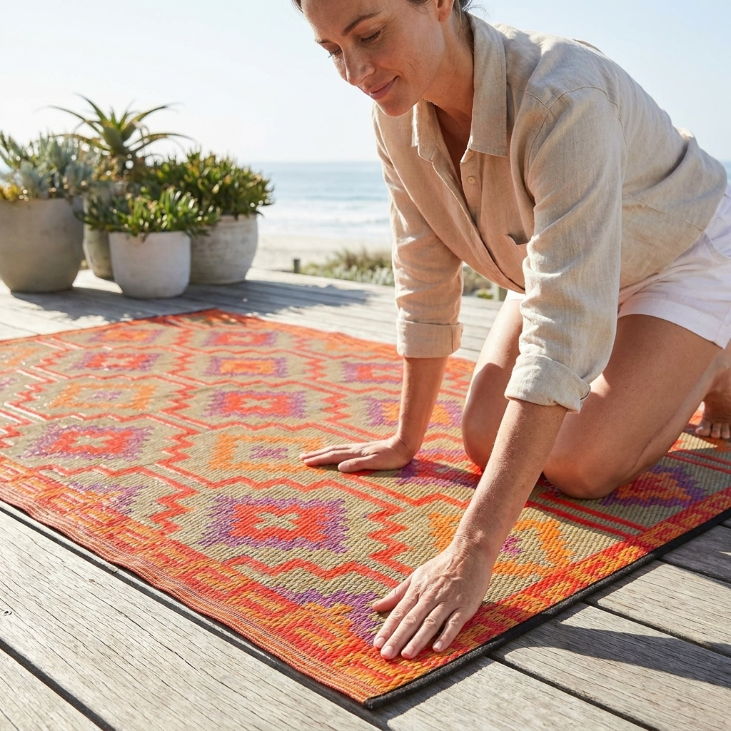 A woman kneels on a beach deck placing a rectangular outdoor rug with a geometric pattern in orange, red, purple, and beige. The background shows a sunny beach scene with potted plants and the ocean.