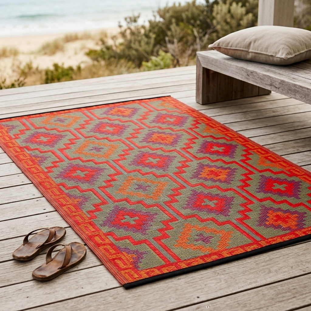 A rectangular outdoor area rug with a colorful geometric pattern in red, orange, purple, and green, laid out on a wooden deck next to a bench and sandals, with a beach background visible.
