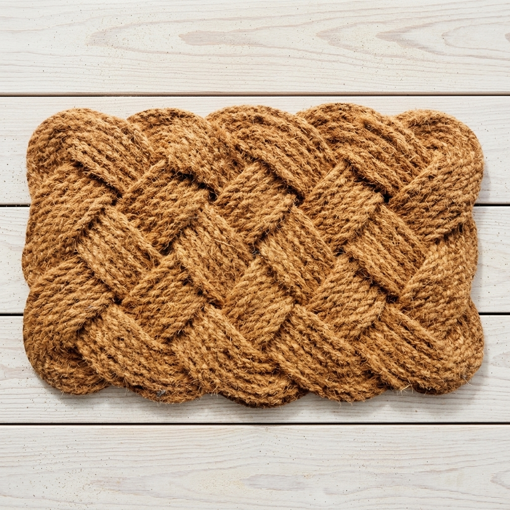 A rectangular woven doormat made from natural coir rope, featuring a braided basketweave pattern, displayed on a light-colored wooden plank surface.