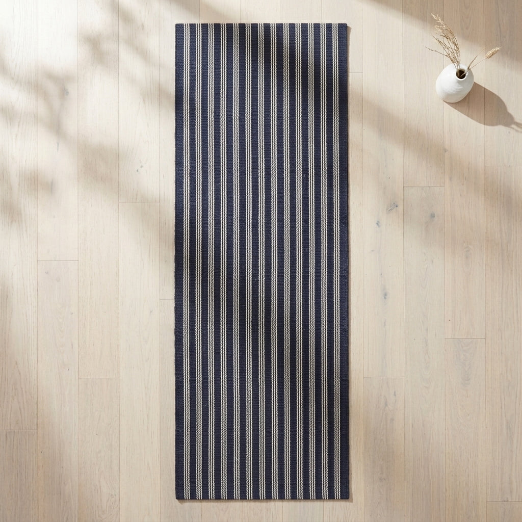 A long rectangular runner rug with vertical navy and off-white stripes, laid flat on a light wood floor with soft leaf shadows and a small white vase in the corner.