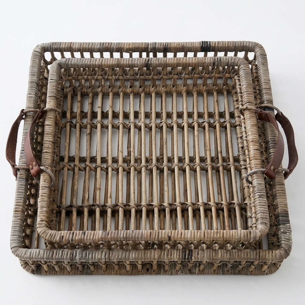 A rectangular woven rattan tray with a natural brown and beige textured body and dark brown leather handles on the sides, photographed from a top-down angle against a plain white background.