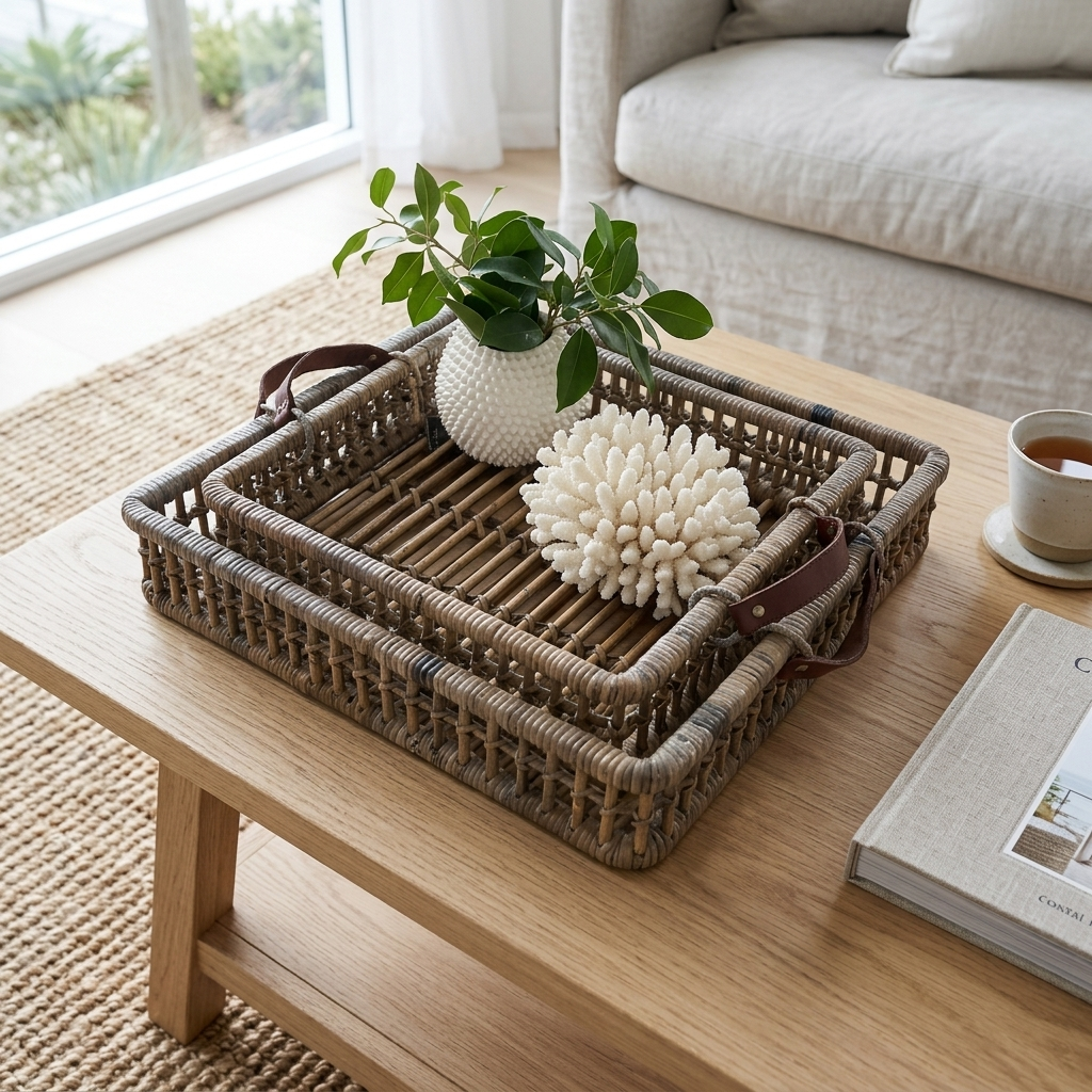 A rectangular woven rattan tray with dark brown leather handles sits on a light wood coffee table in a bright living room. The tray is styled with a white textured vase containing green leaves and a white coral-like decorative piece.