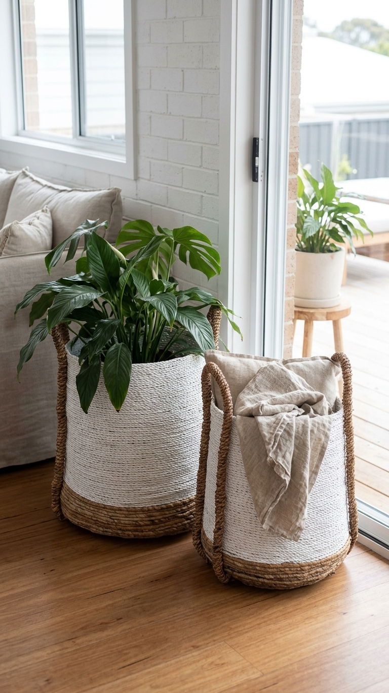 Two woven storage baskets with plant and throw details, set on a wooden floor in a bright, modern room.