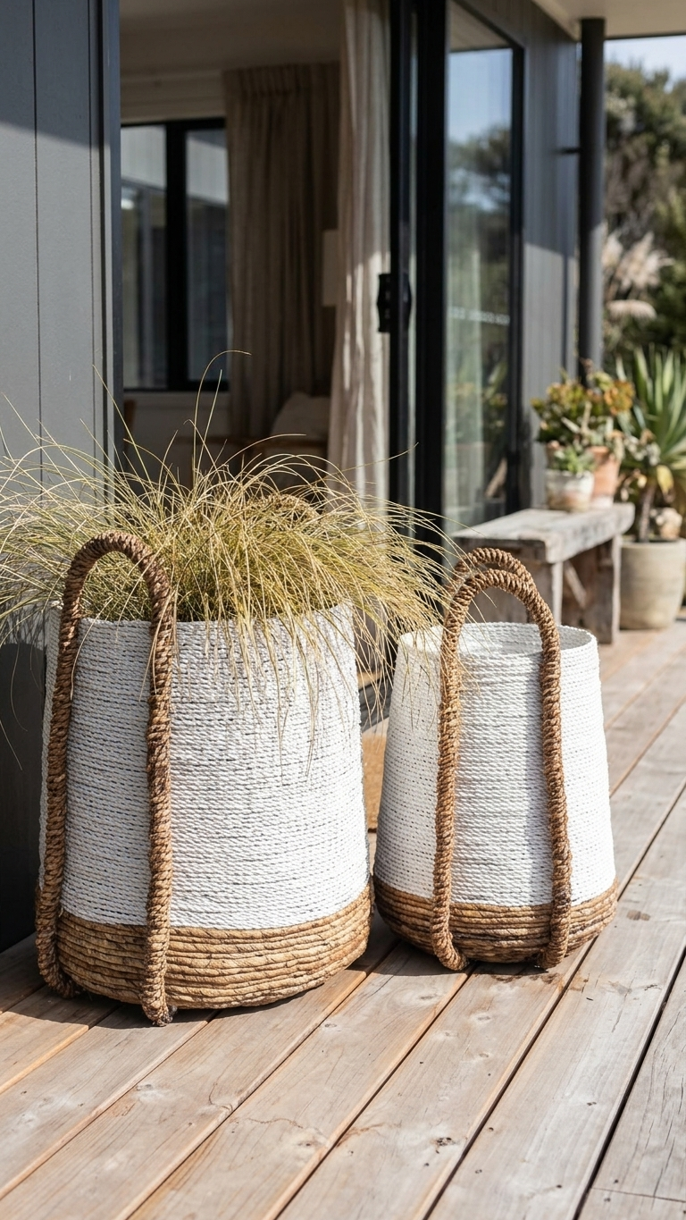 Two large woven storage baskets with natural jute handles sit on a wooden deck outside a modern house. One basket is filled with ornamental grass, and both baskets are shown in warm natural light.