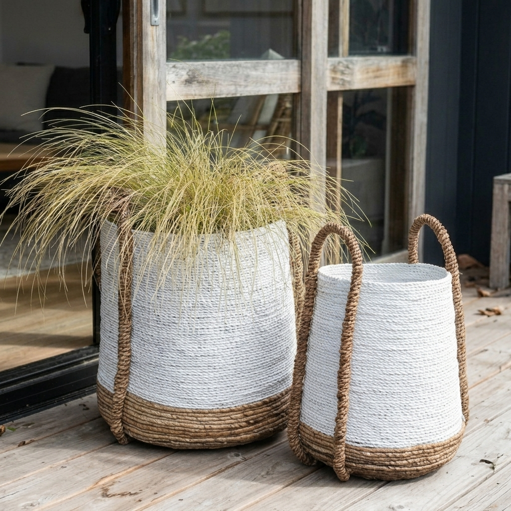 Two woven storage baskets with natural jute handles sit on a wooden deck in front of a glass door. One larger basket is filled with ornamental grass, and the smaller basket is empty.