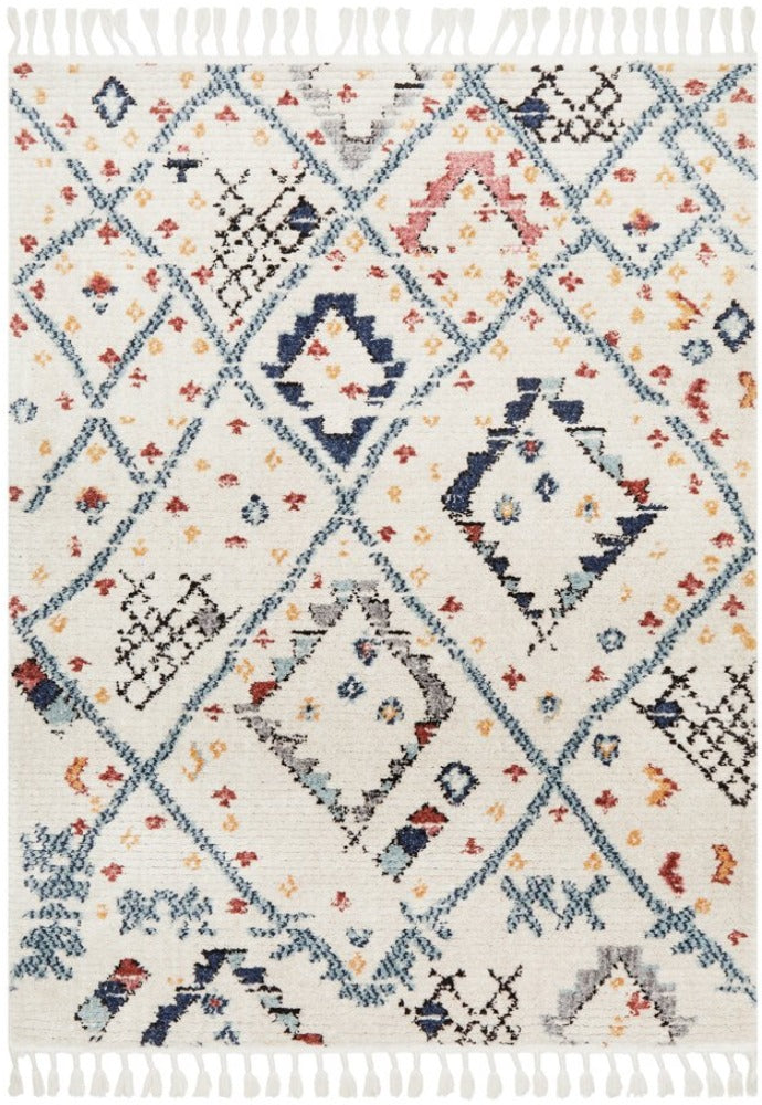 Complete image of the Marrakesh Rug in White, showcasing its bold multicoloured tribal patterns and authentic Moroccan berber design.