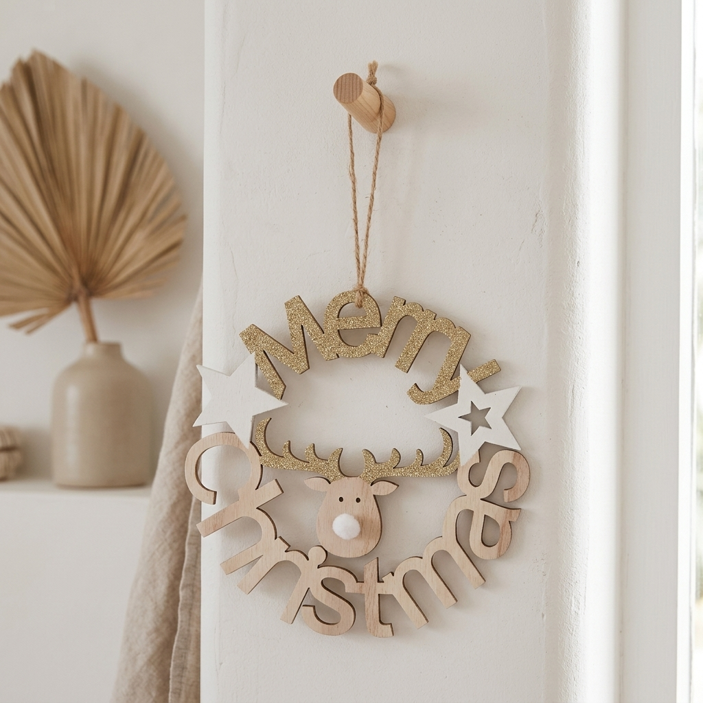 A wooden Christmas wreath wall hanging with a reindeer face, glittery gold 'Merry Christmas' lettering, white star cutouts, and a hanging loop, displayed on a white wall in a softly styled interior.