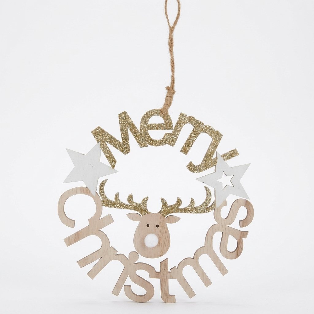 A wooden Christmas hanging ornament featuring the words 'Merry Christmas' in natural wood and glittery gold lettering, with a reindeer face in the center and two white star cutouts on either side, suspended by a twine string against a plain white background.