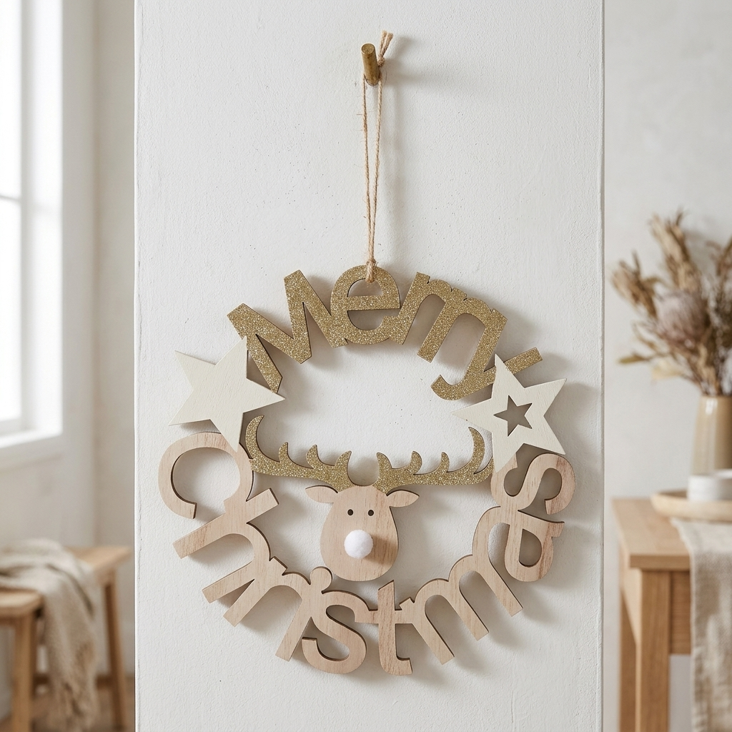 A wooden hanging Christmas wreath with the words 'Merry Christmas' in natural wood and glittery gold lettering, featuring a reindeer face in the center, star cutouts, and a hanging loop, shown hanging on a white wall in a softly lit room.