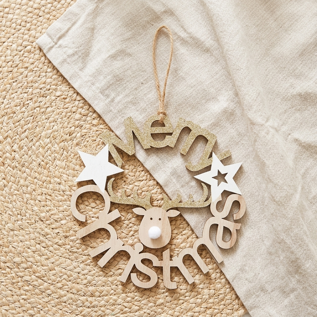 A wooden Christmas ornament with the word 'Merry Christmas' cut into the shape of a wreath, decorated with two white star cutouts and a small reindeer head with a white nose, hanging on a beige woven mat with a cream fabric napkin.