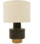 Table lamp with a textured brown base and beige lampshade on a white background