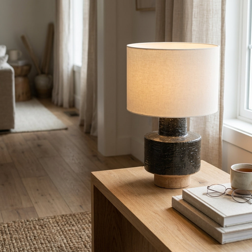A lit table lamp with a textured dark ceramic base and a warm beige fabric drum shade sits on a light wood side table in a softly styled room. Books and a cup are on the table, with curtains, wood flooring, and a neutral interior visible in the background.