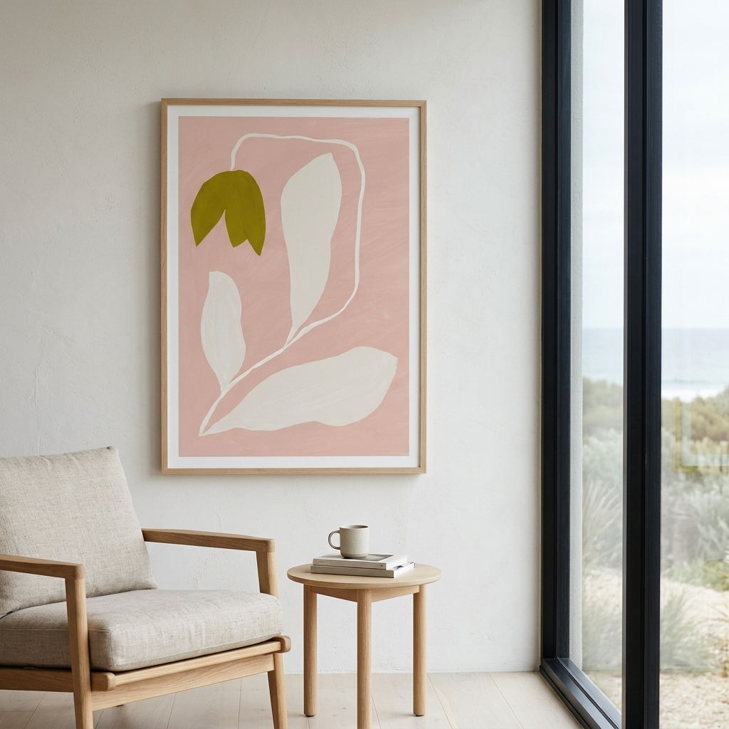 A framed abstract botanical art print with a dusty pink background, white leaf shapes, and a single olive green leaf, hanging on a light gray wall in a modern living room setting next to a window.