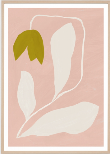 Minimalist botanical art print featuring a stylized olive green tulip bud and cream-colored leaves on a dusty pink background, framed with a white mat and light wood border.