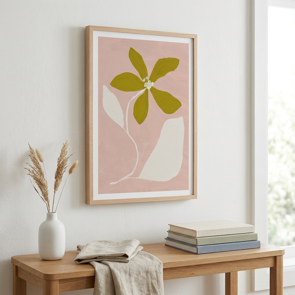 A framed minimalist floral art print hangs on a white wall above a wooden console table. The print features a large olive green flower and cream leaves on a dusty pink background, enclosed in a light natural wood frame.