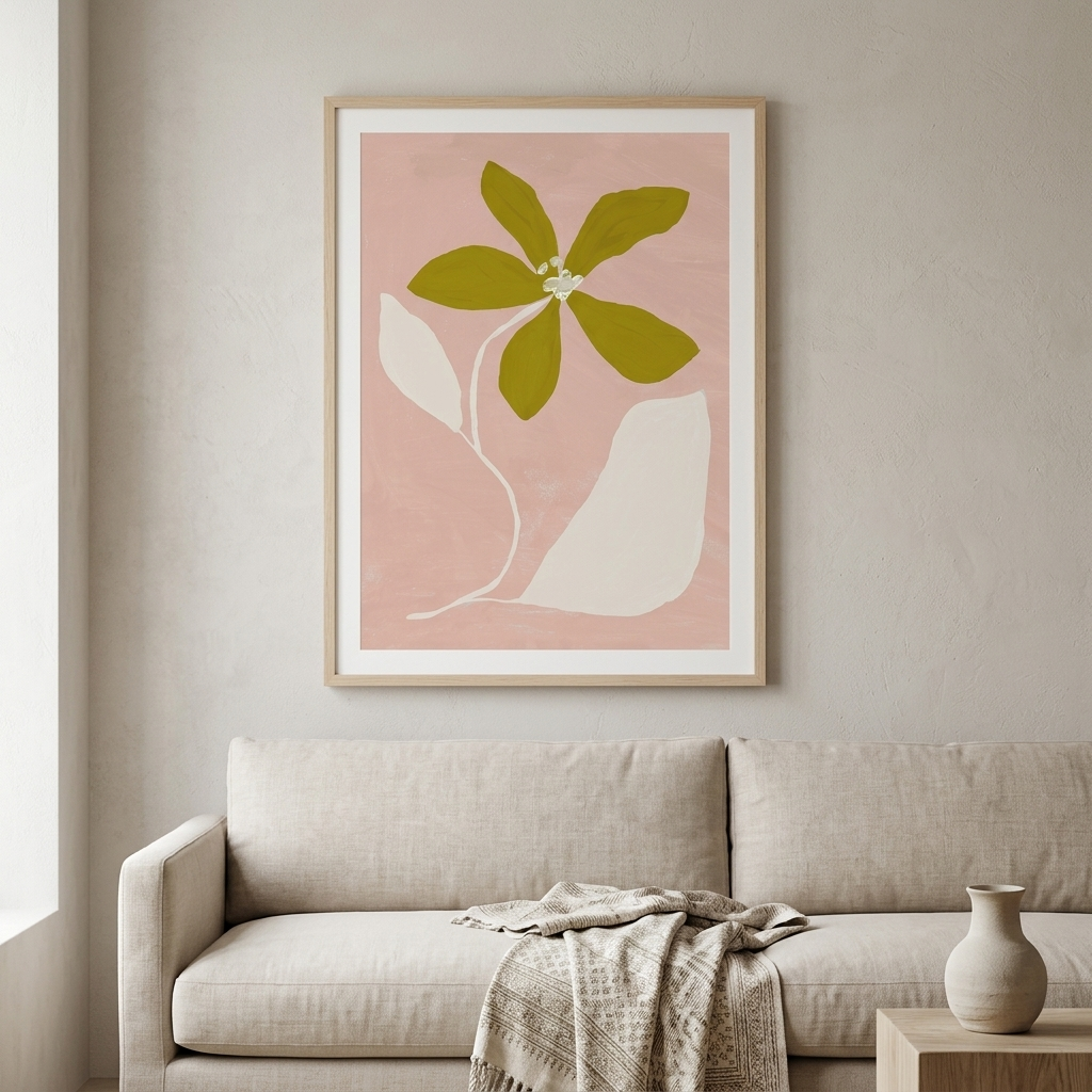 Framed botanical wall art hanging above a light beige sofa in a softly styled living room. The print features an abstract olive green flower and white leaf shapes on a dusty pink background, set in a light wood frame.