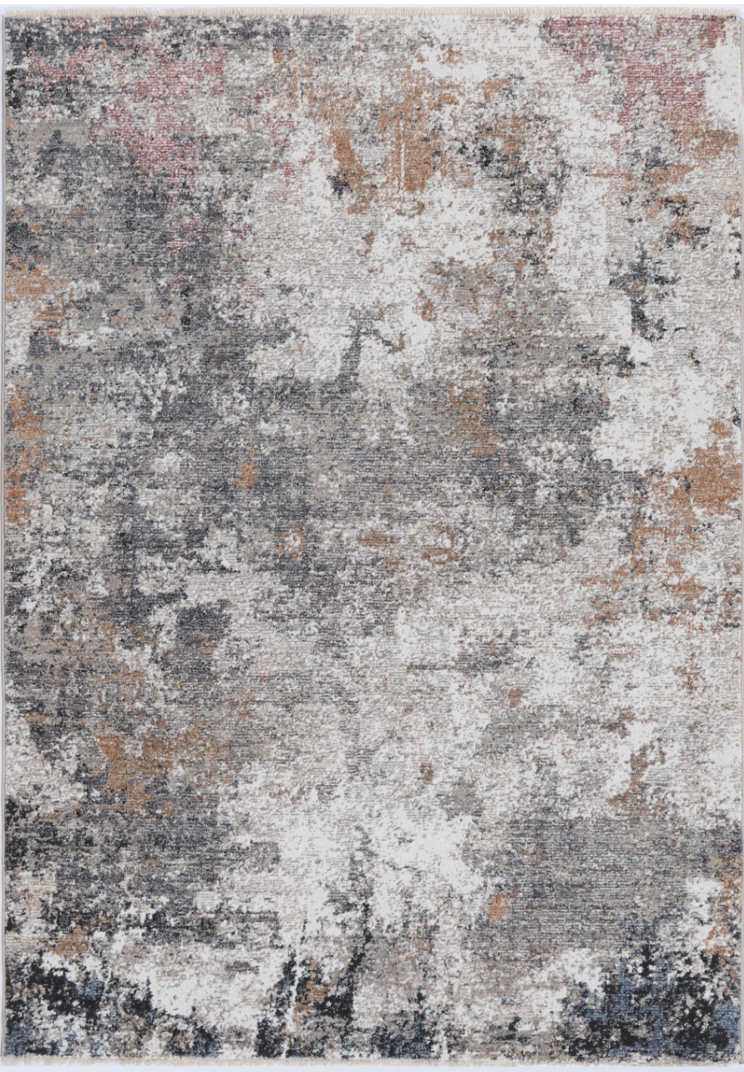 A modern rectangular rug with a contemporary geometric pattern in shades of gray, white, and subtle hints of other colors.