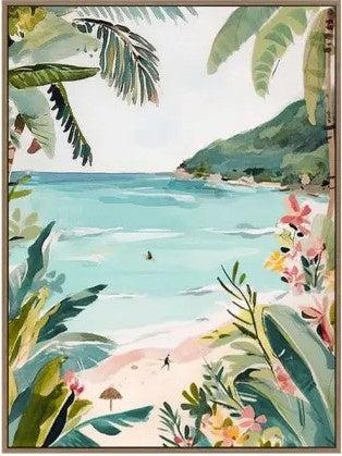 Framed artwork of a tropical beach scene with palm trees and flowers.