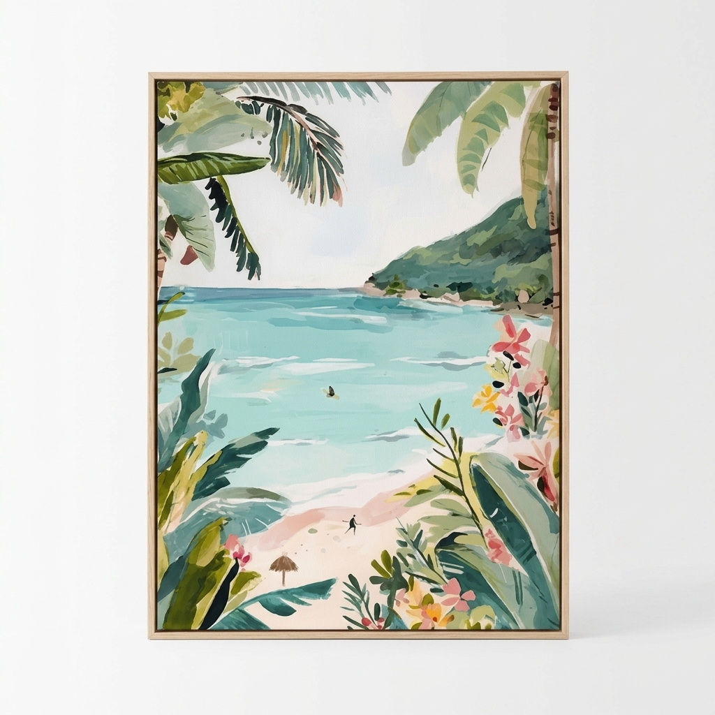 A framed tropical beach art print featuring turquoise ocean water, palm leaves, green hills, and pink flowers, displayed against a clean white background.