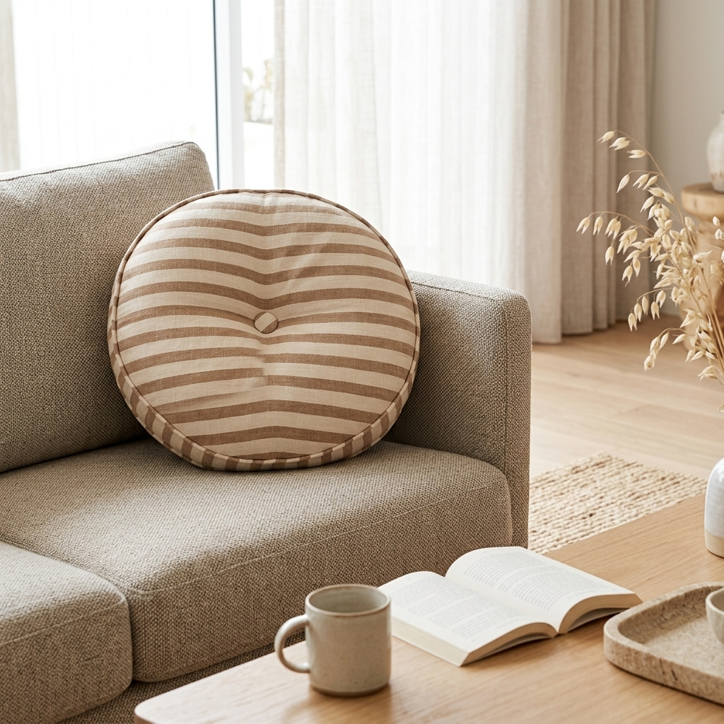 A round throw pillow with beige and brown horizontal stripes sits on a textured beige sofa in a bright, modern living room setting.