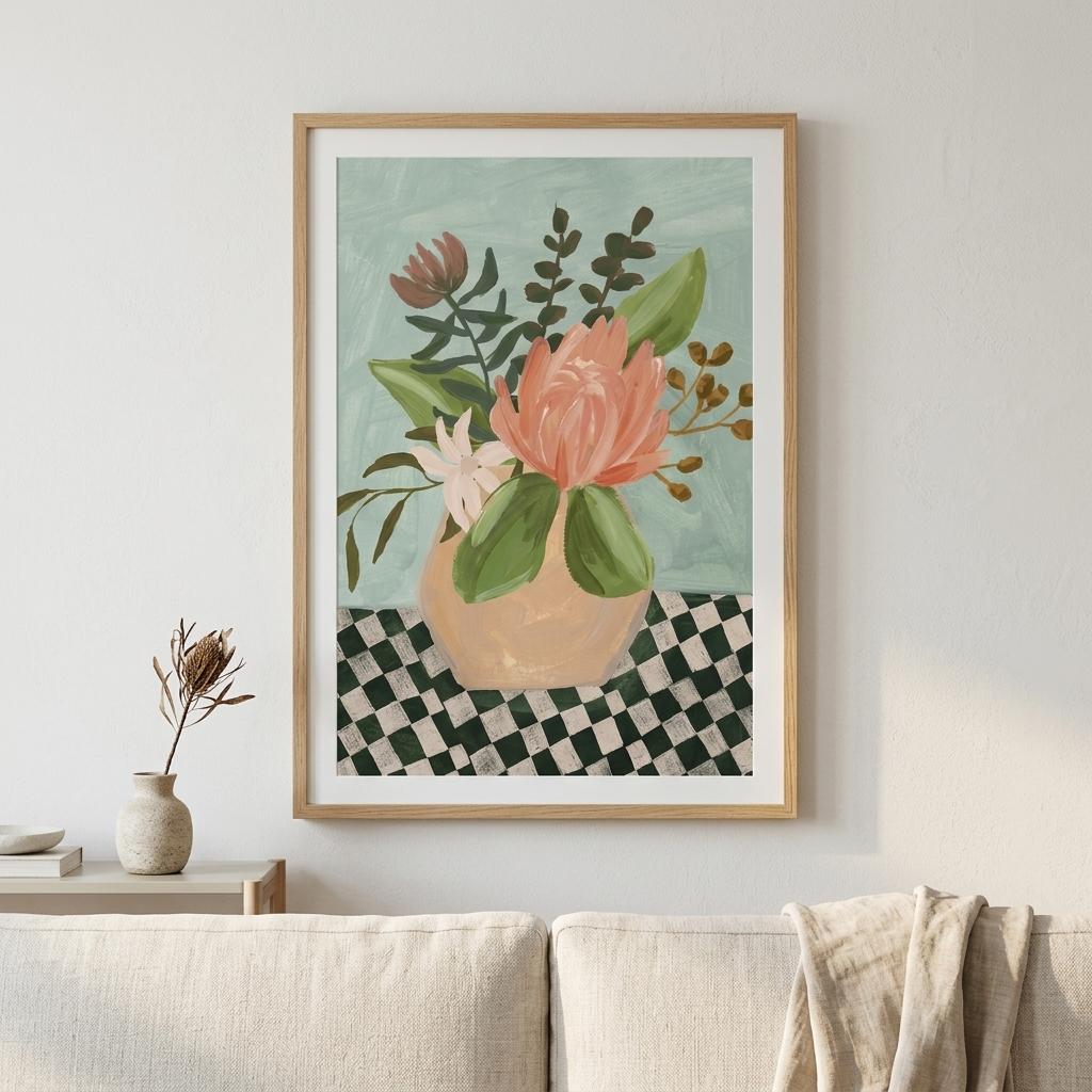 A framed floral art print hangs on a white wall above a light beige sofa. The print shows a bouquet of pink and white flowers with green leaves in a beige vase against a pale blue-green background, with a black-and-white checkered pattern at the bottom.