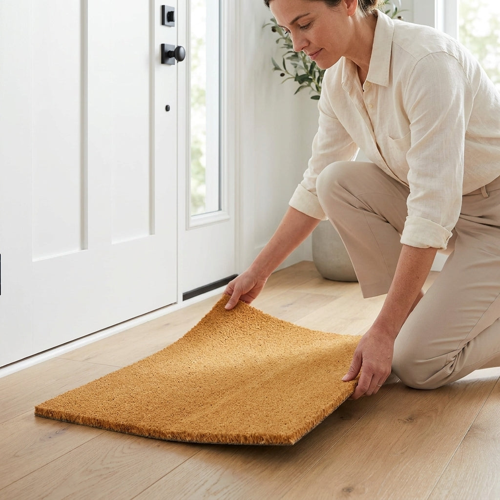 Person placing a doormat on a wooden floor next to a door.