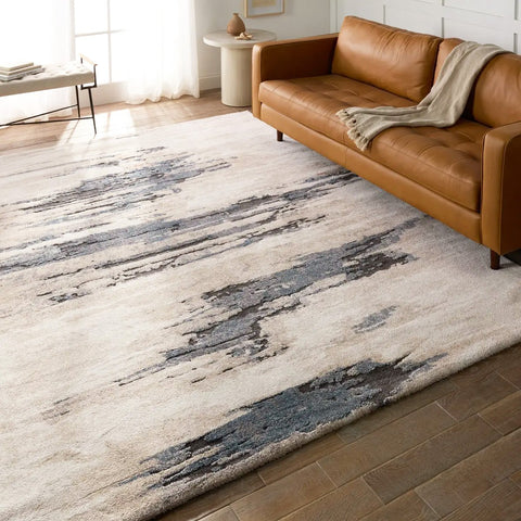 Angle shot of the Formation Rug in Polar, focusing on the unique pattern and depth it adds to spaces.