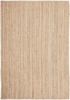 Beige woven rug with a striped pattern on a white background