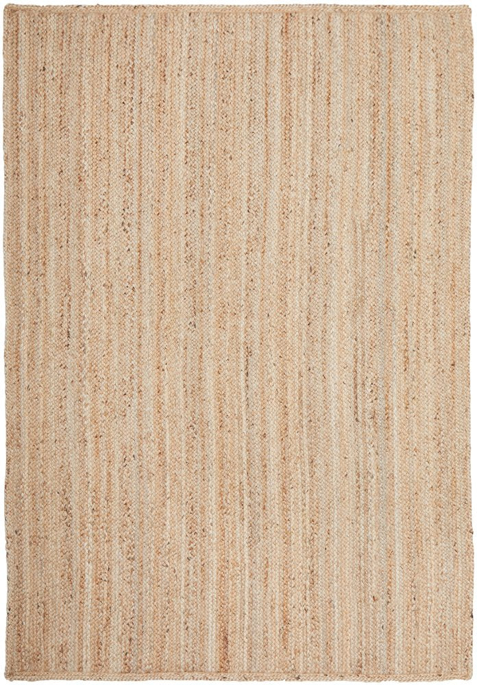 Beige woven rug with a striped pattern on a white background