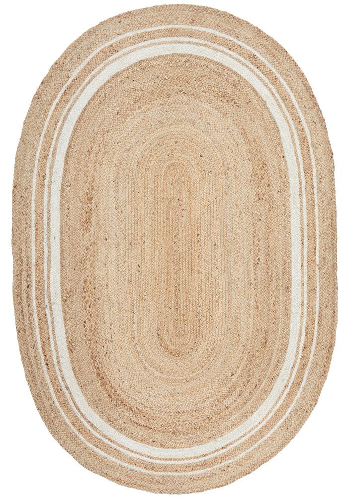 Beige braided rug with concentric circles on a white background