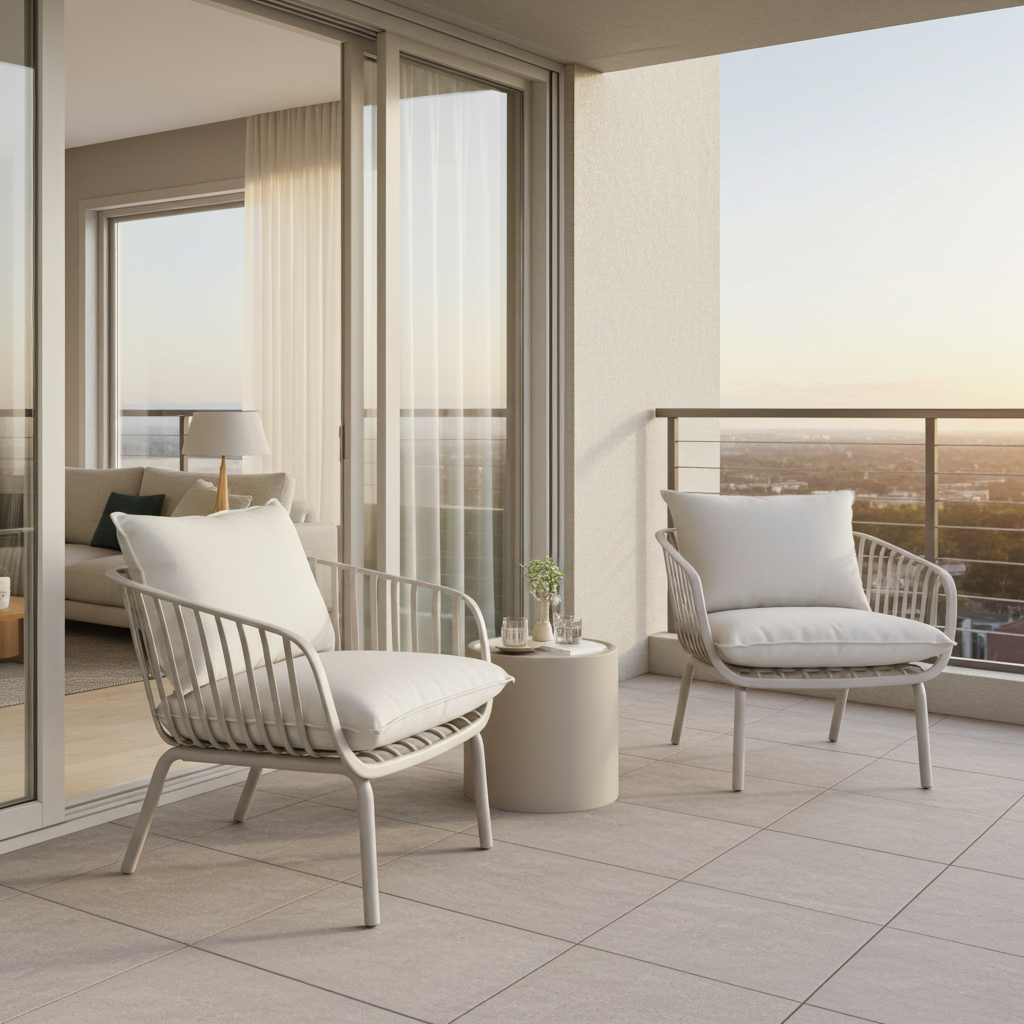 Two modern outdoor armchairs with white cushions and light gray wire frames sit on a tiled balcony with a city view at sunset. A small round side table is between them, and sliding glass doors open onto a living room interior.