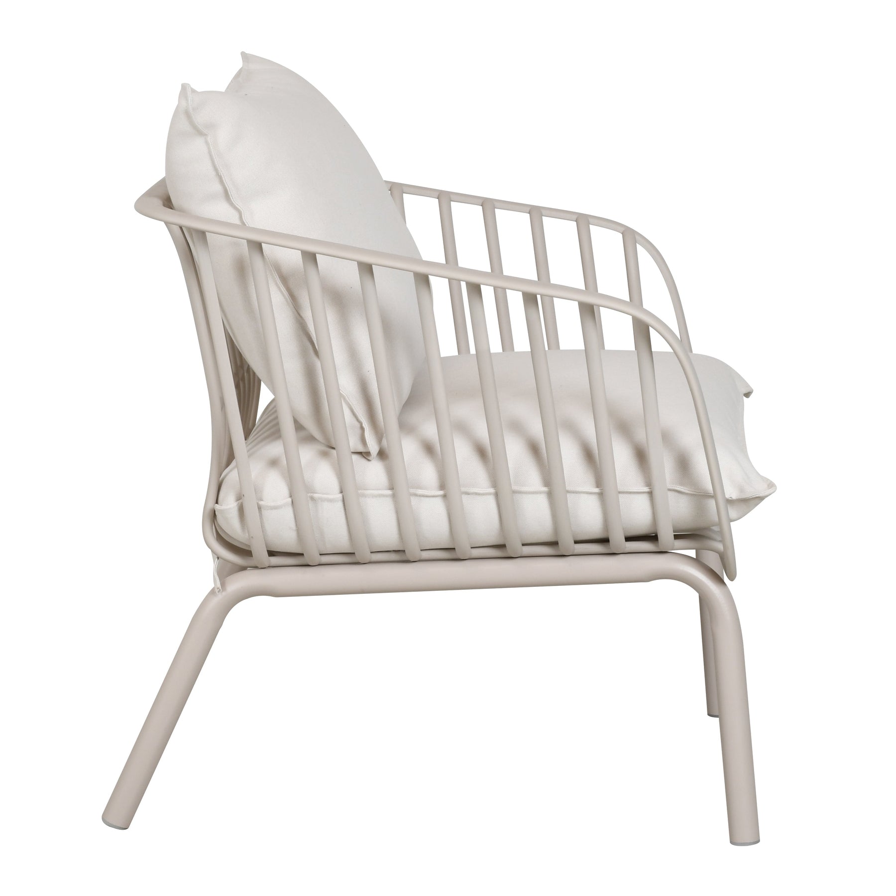 A modern outdoor lounge chair with a light beige metal frame and thick white cushions, including a backrest pillow and seat cushion, shown from a three-quarters angle on a white background.