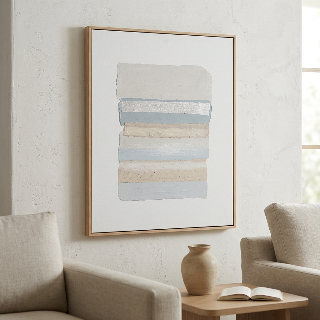 A framed abstract art print with horizontal beige, cream, and light blue brushstrokes, hanging on a textured white wall above a wooden side table with a vase and open book, flanked by two beige armchairs.