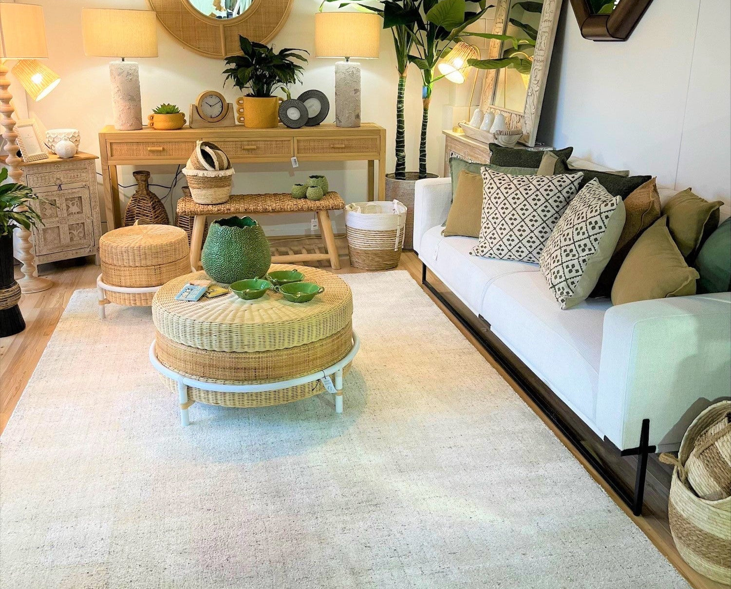 Beautiful showroom featuring pendant lights, homewares and modern rug