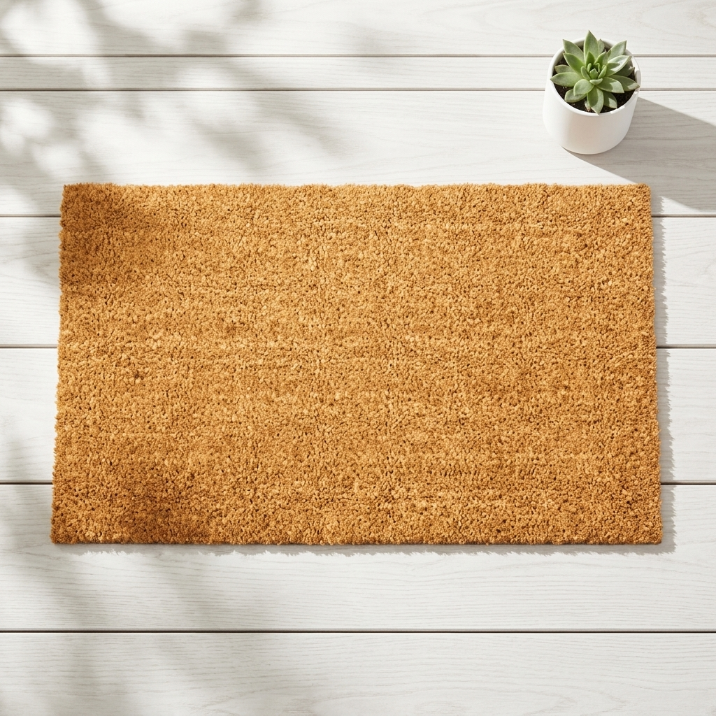 A rectangular natural coir doormat in a warm tan-brown color, laid flat on a white wooden plank floor with a small potted succulent in the top right corner.
